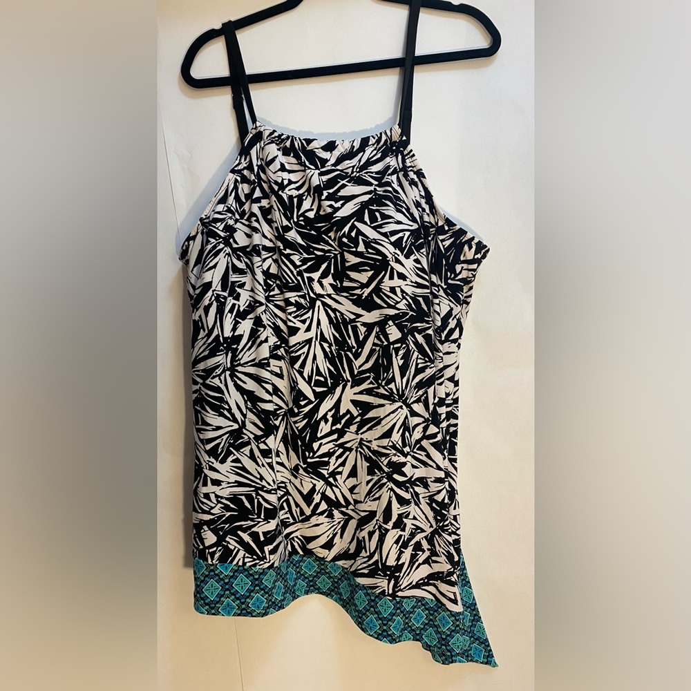Coastal Blue Womens 3X Tankini Top Black White‎ Tropical Asymmetrical Hem Teal